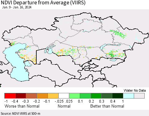 Kazakhstan NDVI Departure from Average (VIIRS) Thematic Map For 1/9/2024 - 1/16/2024