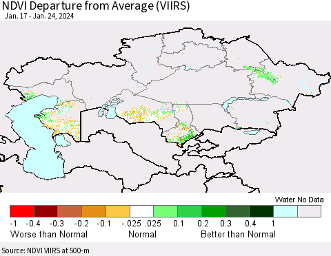 Kazakhstan NDVI Departure from Average (VIIRS) Thematic Map For 1/17/2024 - 1/24/2024