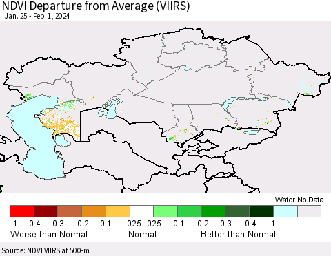 Kazakhstan NDVI Departure from Average (VIIRS) Thematic Map For 1/25/2024 - 2/1/2024