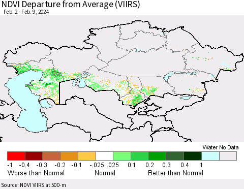Kazakhstan NDVI Departure from Average (VIIRS) Thematic Map For 2/2/2024 - 2/9/2024