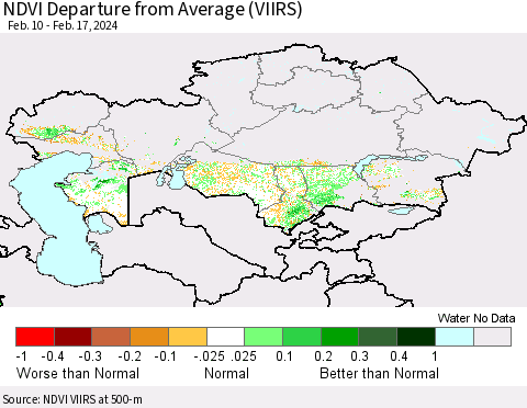 Kazakhstan NDVI Departure from Average (VIIRS) Thematic Map For 2/10/2024 - 2/17/2024