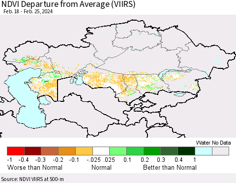 Kazakhstan NDVI Departure from Average (VIIRS) Thematic Map For 2/18/2024 - 2/25/2024