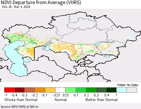 Kazakhstan NDVI Departure from Average (VIIRS) Thematic Map For 2/26/2024 - 3/4/2024