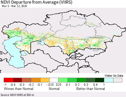 Kazakhstan NDVI Departure from Average (VIIRS) Thematic Map For 3/5/2024 - 3/12/2024