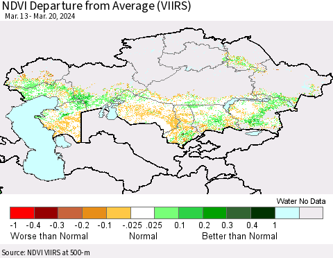 Kazakhstan NDVI Departure from Average (VIIRS) Thematic Map For 3/13/2024 - 3/20/2024
