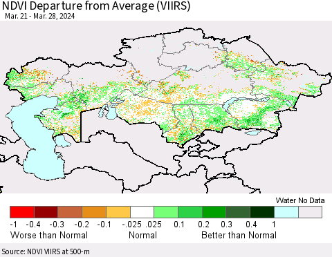 Kazakhstan NDVI Departure from Average (VIIRS) Thematic Map For 3/21/2024 - 3/28/2024