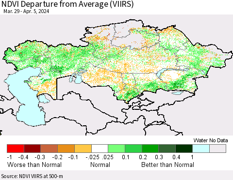 Kazakhstan NDVI Departure from Average (VIIRS) Thematic Map For 3/29/2024 - 4/5/2024