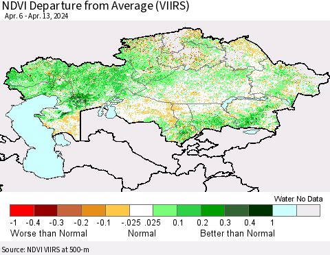 Kazakhstan NDVI Departure from Average (VIIRS) Thematic Map For 4/6/2024 - 4/13/2024