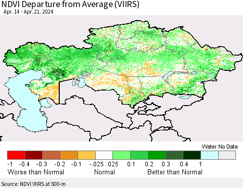 Kazakhstan NDVI Departure from Average (VIIRS) Thematic Map For 4/14/2024 - 4/21/2024