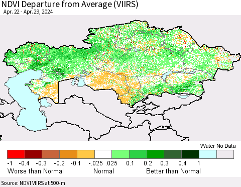 Kazakhstan NDVI Departure from Average (VIIRS) Thematic Map For 4/22/2024 - 4/29/2024