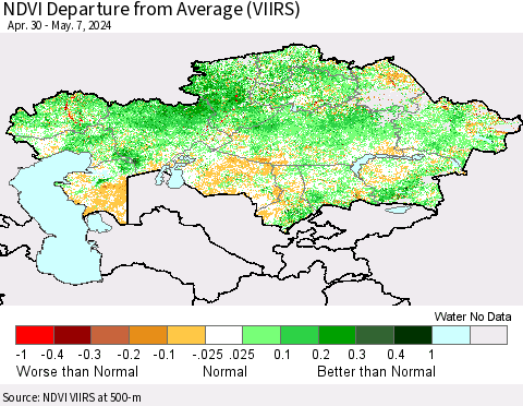 Kazakhstan NDVI Departure from Average (VIIRS) Thematic Map For 4/30/2024 - 5/7/2024