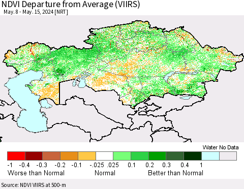 Kazakhstan NDVI Departure from Average (VIIRS) Thematic Map For 5/8/2024 - 5/15/2024