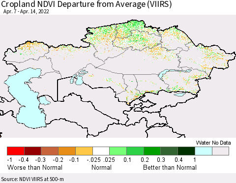 Kazakhstan Cropland NDVI Departure from Average (VIIRS) Thematic Map For 4/7/2022 - 4/14/2022