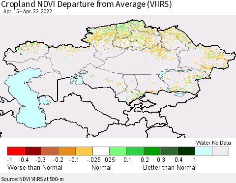 Kazakhstan Cropland NDVI Departure from Average (VIIRS) Thematic Map For 4/15/2022 - 4/22/2022