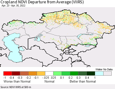 Kazakhstan Cropland NDVI Departure from Average (VIIRS) Thematic Map For 4/23/2022 - 4/30/2022