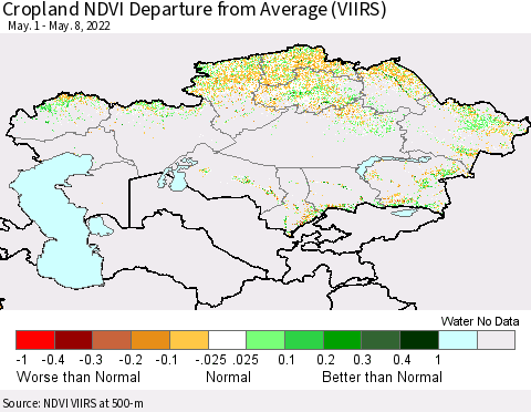 Kazakhstan Cropland NDVI Departure from Average (VIIRS) Thematic Map For 5/1/2022 - 5/8/2022