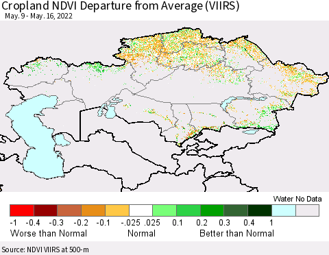 Kazakhstan Cropland NDVI Departure from Average (VIIRS) Thematic Map For 5/9/2022 - 5/16/2022