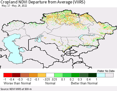 Kazakhstan Cropland NDVI Departure from Average (VIIRS) Thematic Map For 5/17/2022 - 5/24/2022