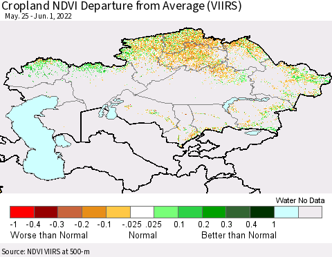 Kazakhstan Cropland NDVI Departure from Average (VIIRS) Thematic Map For 5/25/2022 - 6/1/2022
