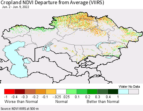 Kazakhstan Cropland NDVI Departure from Average (VIIRS) Thematic Map For 6/2/2022 - 6/9/2022