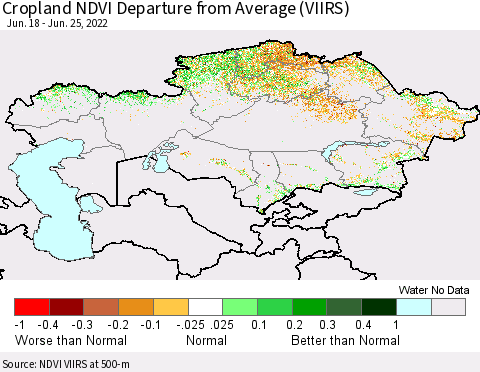 Kazakhstan Cropland NDVI Departure from Average (VIIRS) Thematic Map For 6/18/2022 - 6/25/2022