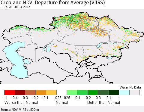 Kazakhstan Cropland NDVI Departure from Average (VIIRS) Thematic Map For 6/26/2022 - 7/3/2022