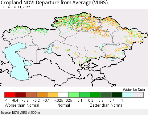 Kazakhstan Cropland NDVI Departure from Average (VIIRS) Thematic Map For 7/4/2022 - 7/11/2022