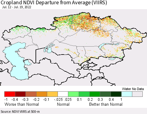Kazakhstan Cropland NDVI Departure from Average (VIIRS) Thematic Map For 7/12/2022 - 7/19/2022