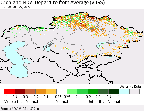 Kazakhstan Cropland NDVI Departure from Average (VIIRS) Thematic Map For 7/20/2022 - 7/27/2022