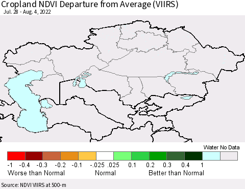 Kazakhstan Cropland NDVI Departure from Average (VIIRS) Thematic Map For 7/28/2022 - 8/4/2022