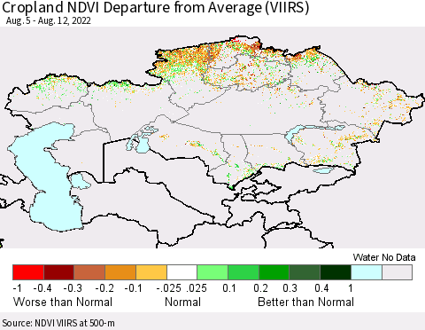 Kazakhstan Cropland NDVI Departure from Average (VIIRS) Thematic Map For 8/5/2022 - 8/12/2022
