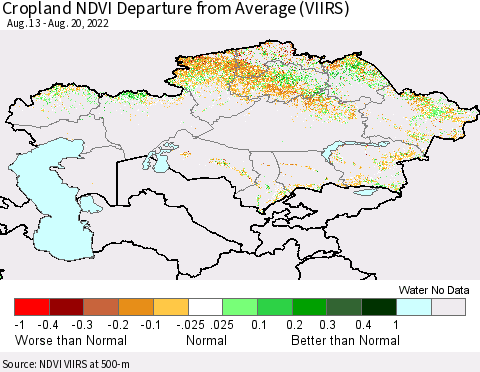 Kazakhstan Cropland NDVI Departure from Average (VIIRS) Thematic Map For 8/13/2022 - 8/20/2022