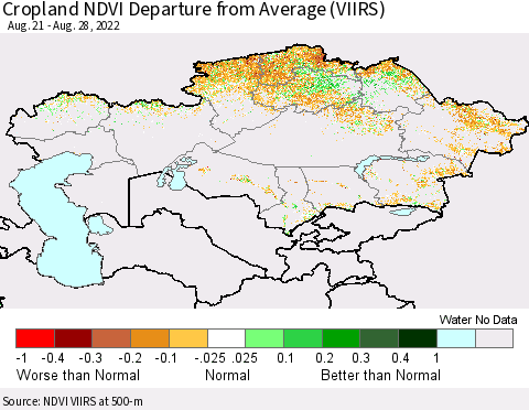 Kazakhstan Cropland NDVI Departure from Average (VIIRS) Thematic Map For 8/21/2022 - 8/28/2022