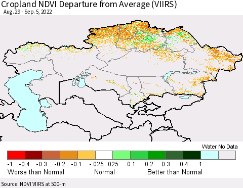 Kazakhstan Cropland NDVI Departure from Average (VIIRS) Thematic Map For 8/29/2022 - 9/5/2022