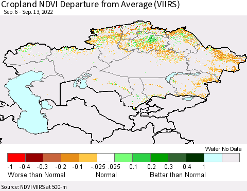 Kazakhstan Cropland NDVI Departure from Average (VIIRS) Thematic Map For 9/6/2022 - 9/13/2022