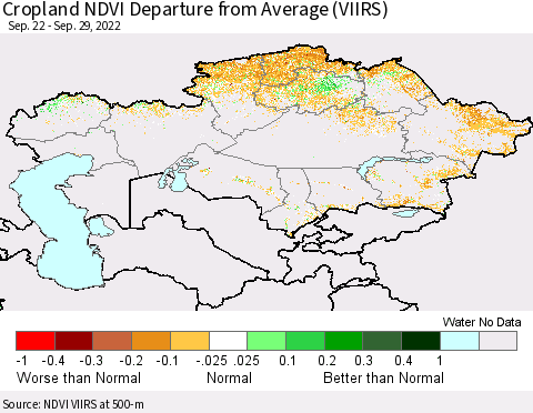 Kazakhstan Cropland NDVI Departure from Average (VIIRS) Thematic Map For 9/22/2022 - 9/29/2022