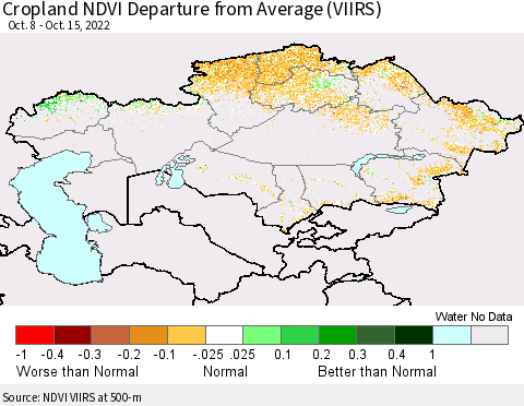 Kazakhstan Cropland NDVI Departure from Average (VIIRS) Thematic Map For 10/8/2022 - 10/15/2022
