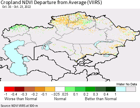 Kazakhstan Cropland NDVI Departure from Average (VIIRS) Thematic Map For 10/16/2022 - 10/23/2022