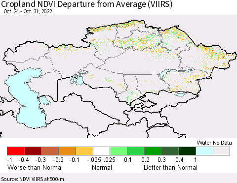 Kazakhstan Cropland NDVI Departure from Average (VIIRS) Thematic Map For 10/24/2022 - 10/31/2022