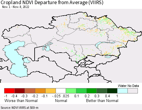 Kazakhstan Cropland NDVI Departure from Average (VIIRS) Thematic Map For 11/1/2022 - 11/8/2022
