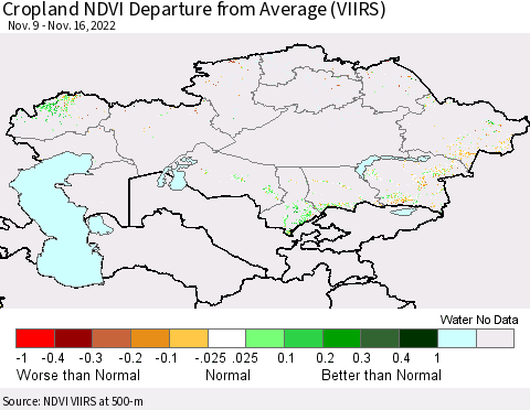 Kazakhstan Cropland NDVI Departure from Average (VIIRS) Thematic Map For 11/9/2022 - 11/16/2022