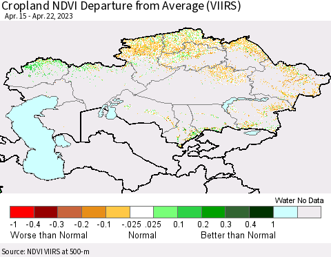 Kazakhstan Cropland NDVI Departure from Average (VIIRS) Thematic Map For 4/15/2023 - 4/22/2023