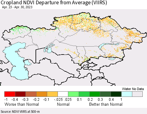 Kazakhstan Cropland NDVI Departure from Average (VIIRS) Thematic Map For 4/23/2023 - 4/30/2023