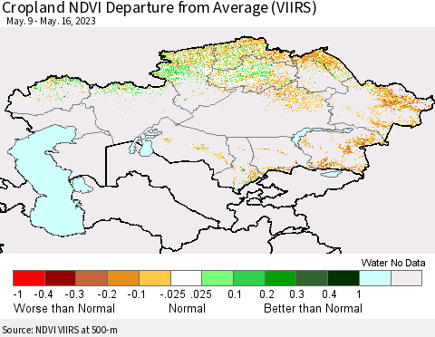 Kazakhstan Cropland NDVI Departure from Average (VIIRS) Thematic Map For 5/9/2023 - 5/16/2023