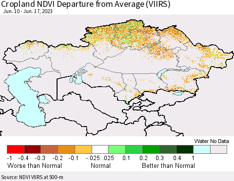 Kazakhstan Cropland NDVI Departure from Average (VIIRS) Thematic Map For 6/10/2023 - 6/17/2023