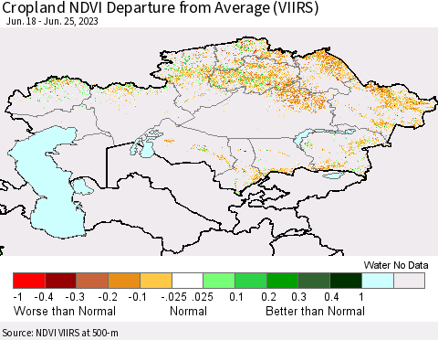 Kazakhstan Cropland NDVI Departure from Average (VIIRS) Thematic Map For 6/18/2023 - 6/25/2023