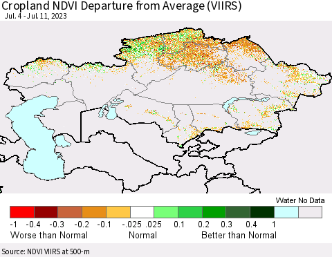 Kazakhstan Cropland NDVI Departure from Average (VIIRS) Thematic Map For 7/4/2023 - 7/11/2023