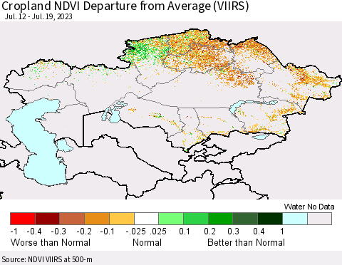 Kazakhstan Cropland NDVI Departure from Average (VIIRS) Thematic Map For 7/12/2023 - 7/19/2023