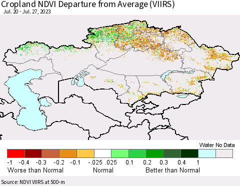 Kazakhstan Cropland NDVI Departure from Average (VIIRS) Thematic Map For 7/20/2023 - 7/27/2023