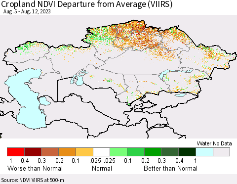 Kazakhstan Cropland NDVI Departure from Average (VIIRS) Thematic Map For 8/5/2023 - 8/12/2023